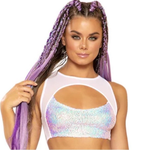 NWOT White iridescent mesh raver skirt set ‘Cosmic Dreams’ - Picture 3 of 5